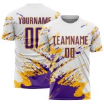 Uniform Sublimation Custom Weiß Jersey Splash Lila-Gold Fragment Fußball Kunst Abstrakt