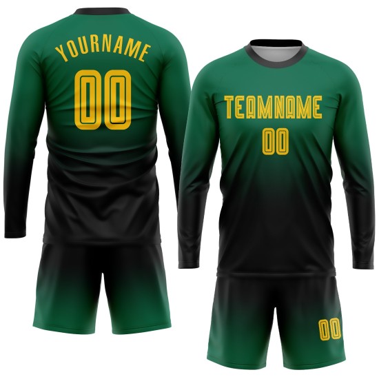 Fade Jersey Custom Fußball Lange Gold-Schwarz Sublimation Grün Mode Uniform Ärmel Kelly Fade Jersey Custom Fußball Lange Gold-Schwarz Sublimation Grün Mode Uniform Ärmel Kelly