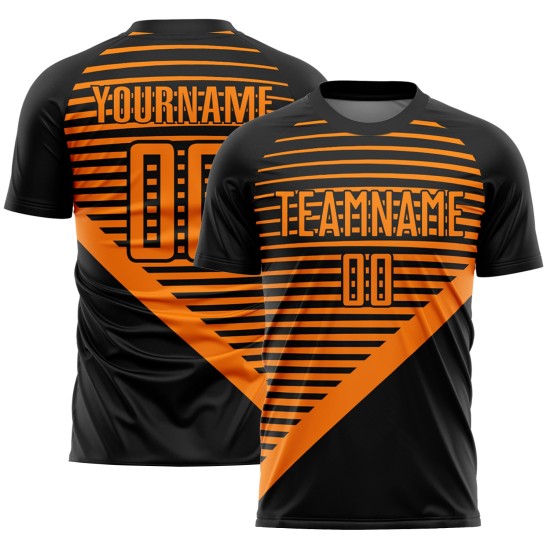 Schwarz Custom Uniform Sublimation Fußball Streifen Jersey Bay Orange