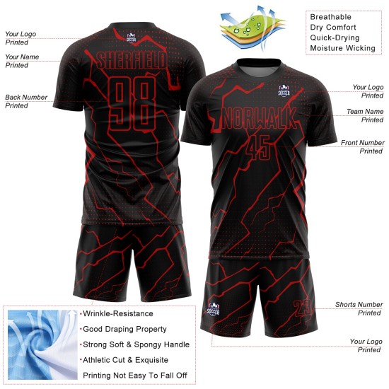 Schwarze Sublimation Fußball Rot Uniform Lightning Custom Jersey