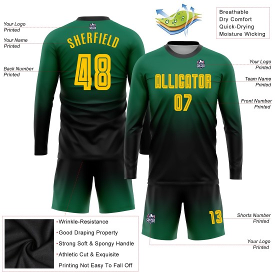 Fade Jersey Custom Fußball Lange Gold-Schwarz Sublimation Grün Mode Uniform Ärmel Kelly Fade Jersey Custom Fußball Lange Gold-Schwarz Sublimation Grün Mode Uniform Ärmel Kelly