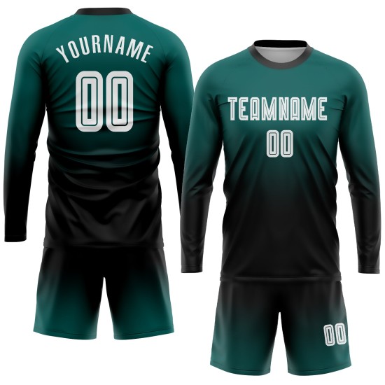 Green Midnight Custom Langarm Fade Fashion Uniform Sublimation Weiß-Schwarz Fußballtrikot