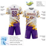 Uniform Sublimation Custom Weiß Jersey Splash Lila-Gold Fragment Fußball Kunst Abstrakt