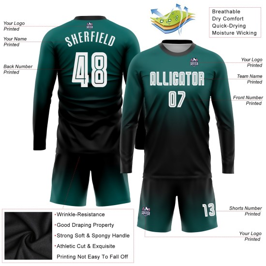 Green Midnight Custom Langarm Fade Fashion Uniform Sublimation Weiß-Schwarz Fußballtrikot