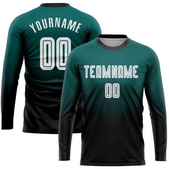 Green Midnight Custom Langarm Fade Fashion Uniform Sublimation Weiß-Schwarz Fußballtrikot