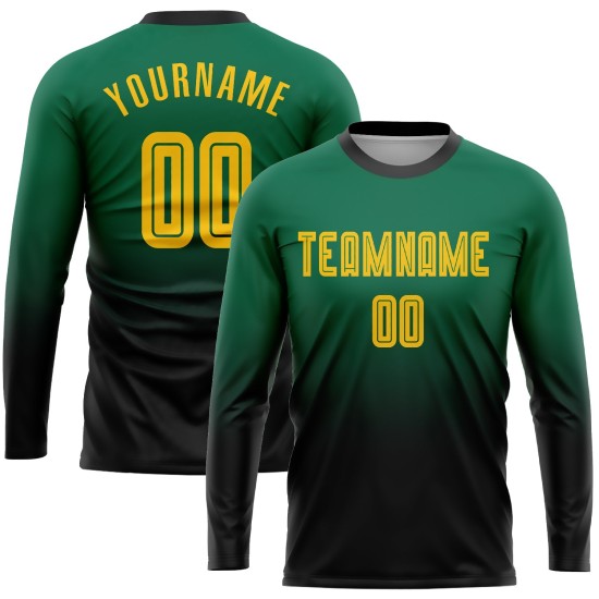 Fade Jersey Custom Fußball Lange Gold-Schwarz Sublimation Grün Mode Uniform Ärmel Kelly Fade Jersey Custom Fußball Lange Gold-Schwarz Sublimation Grün Mode Uniform Ärmel Kelly