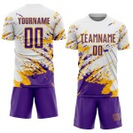 Uniform Sublimation Custom Weiß Jersey Splash Lila-Gold Fragment Fußball Kunst Abstrakt