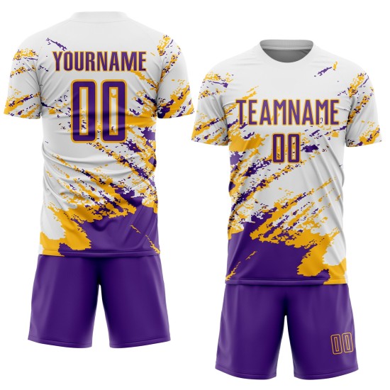 Uniform Sublimation Custom Weiß Jersey Splash Lila-Gold Fragment Fußball Kunst Abstrakt