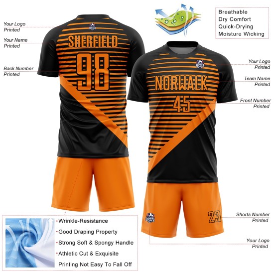 Schwarz Custom Uniform Sublimation Fußball Streifen Jersey Bay Orange